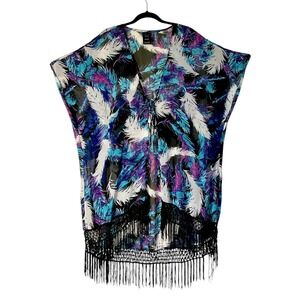 Catalina Kimono Cover Up Womens Large 12-14 Plume‎ Feather Print Sheer Fringe
